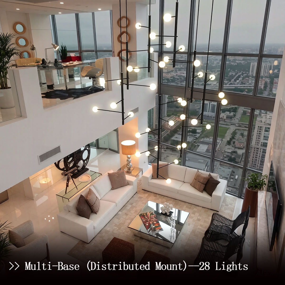 Nordic black raindrop chandelier illuminating a grand entryway with adjustable hanging length