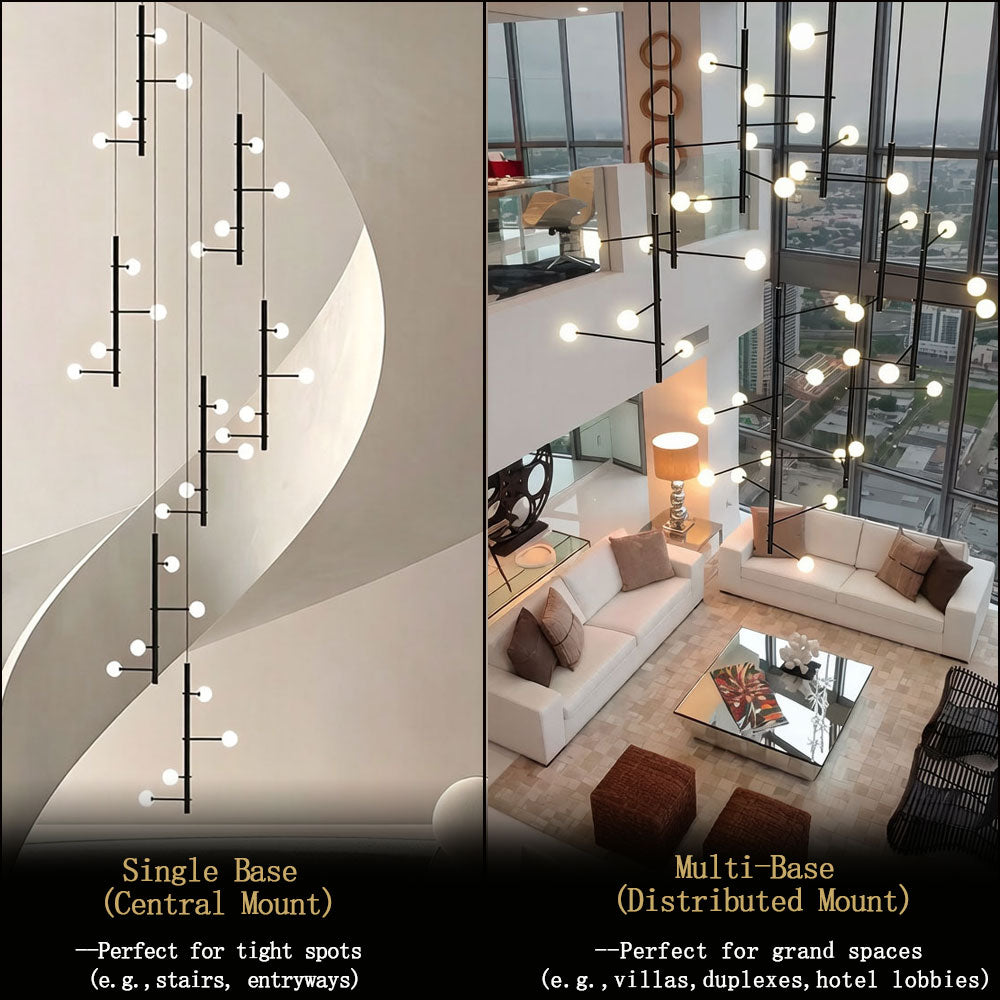 Nordic black long chandelier close-up showing slender metal frame and satin white globe shades