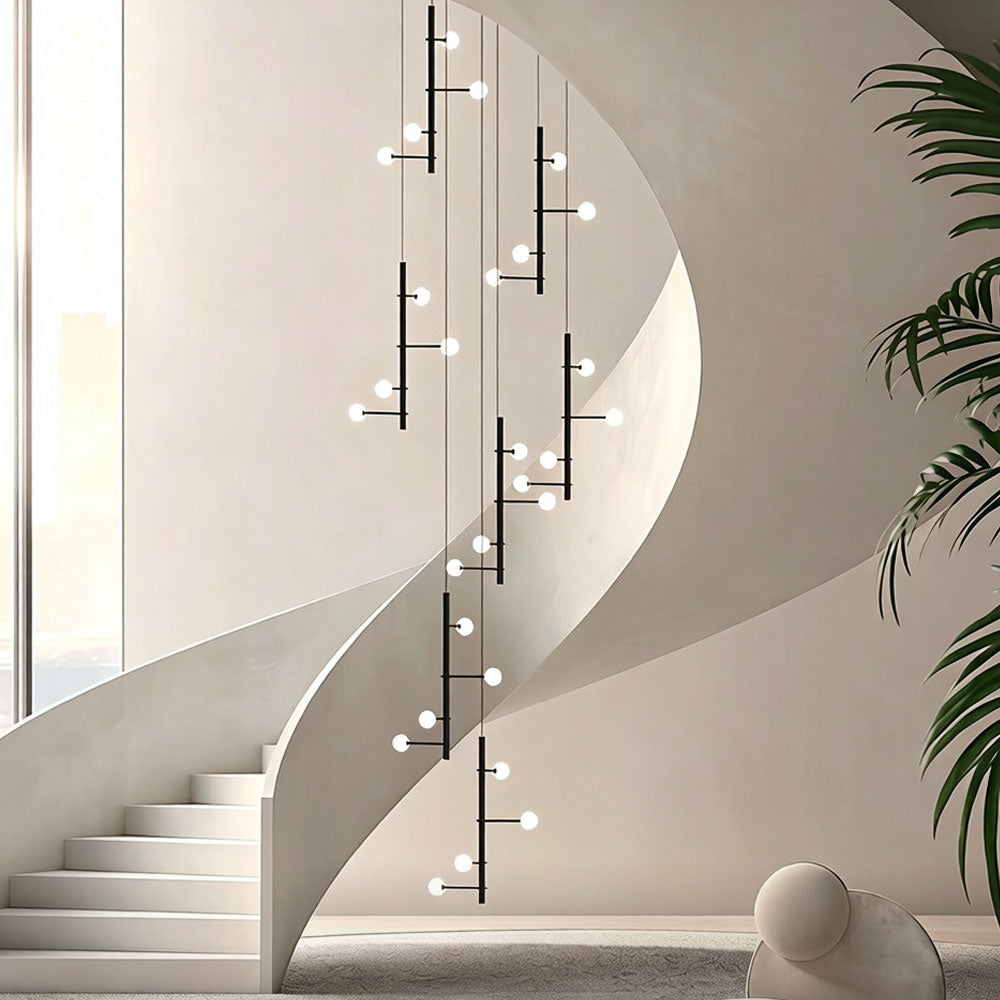 Nordic Industrial Black Long Chandelier with frosted white acrylic globes in a modern interior