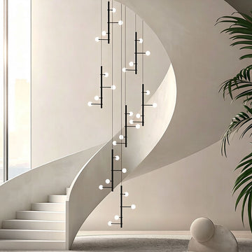 Nordic Industrial Black Long Chandelier with frosted white acrylic globes in a modern interior