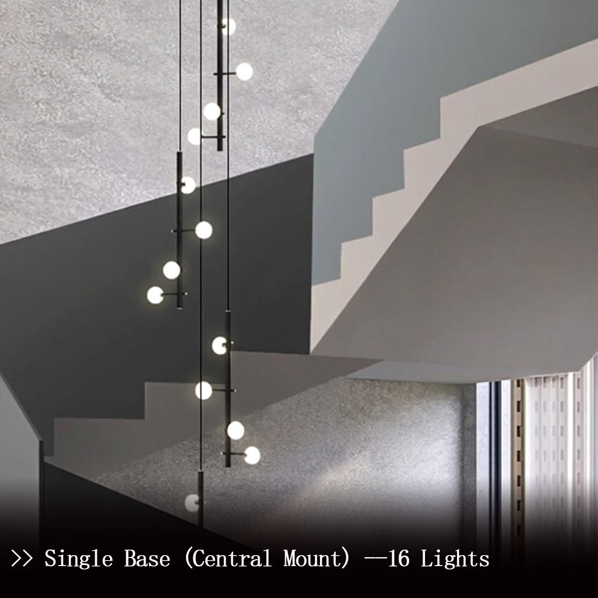 Black linear pendant chandelier with frosted white shades over a dining table