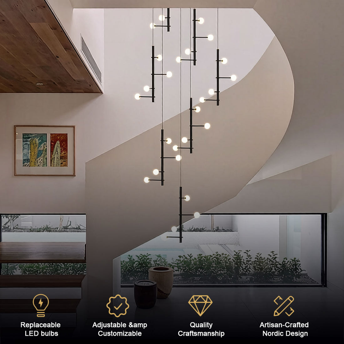 Nordic Industrial Black Long Chandelier with frosted white acrylic globes in a modern interior