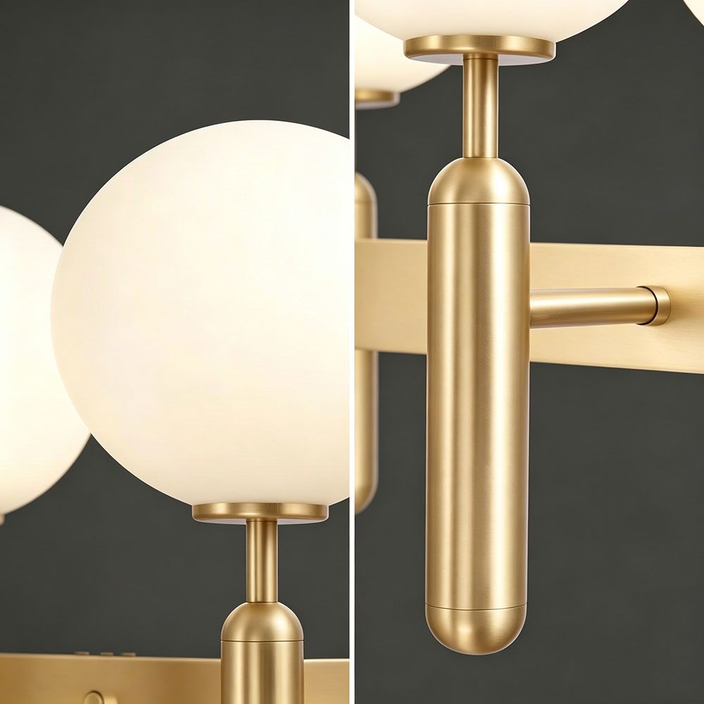 Nordic White Globe Ring Chandelier close-up detail shot, brushed gold metal lamp arm, frosted glass globe lampshade, premium metal craftsmanship modern pendant light accessories.