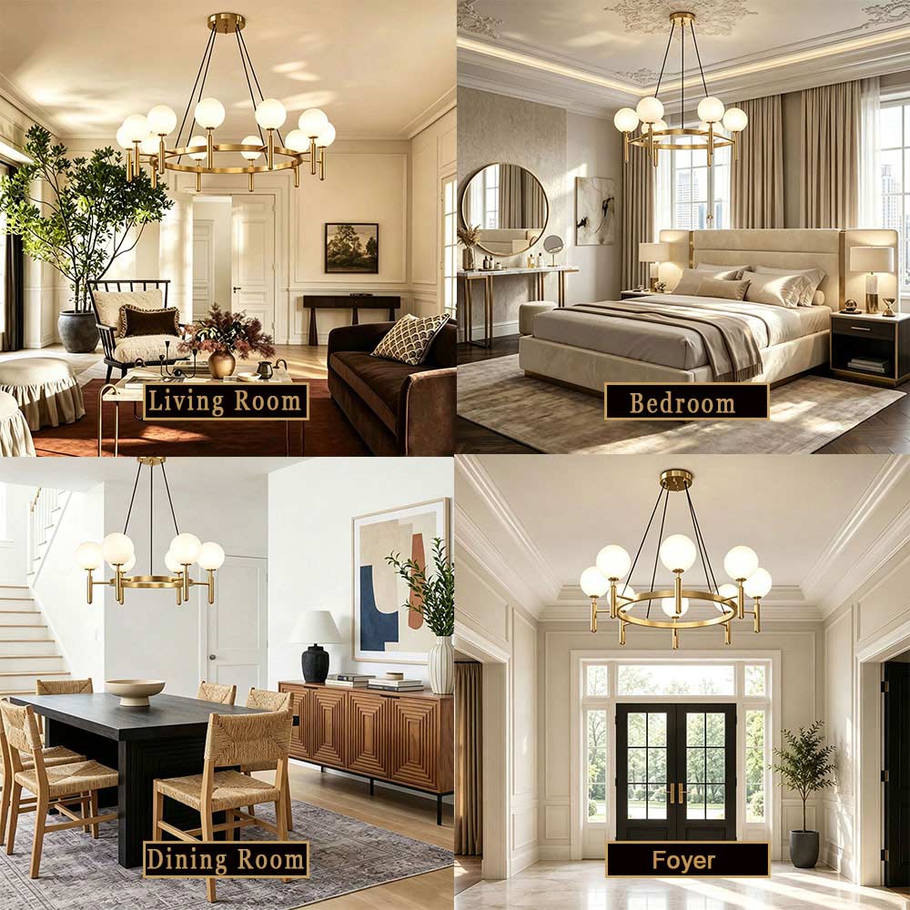 Nordic White Globe Ring Chandelier, gold circular globe pendant light with frosted glass lampshades, multi-scene display for living room, bedroom, dining room, kitchen modern home lighting decor.