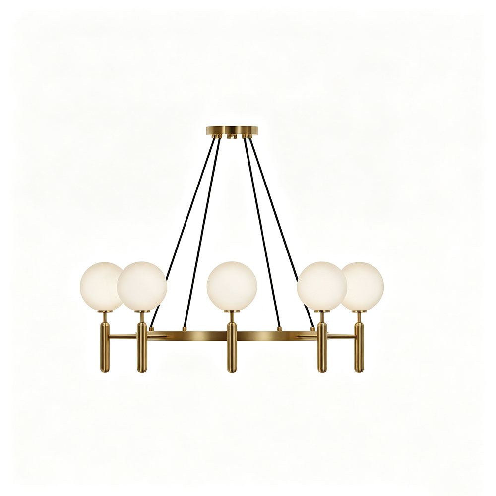 Nordic White Globe Ring Chandelier, 8-light gold ring pendant light, frosted glass globe shades, white background product shot modern hanging chandelier.