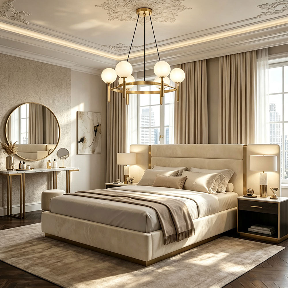 Nordic White Globe Ring Chandelier, gold circular globe pendant light with frosted glass shades, modern hanging light for luxury bedroom interior, contemporary home decor lighting.