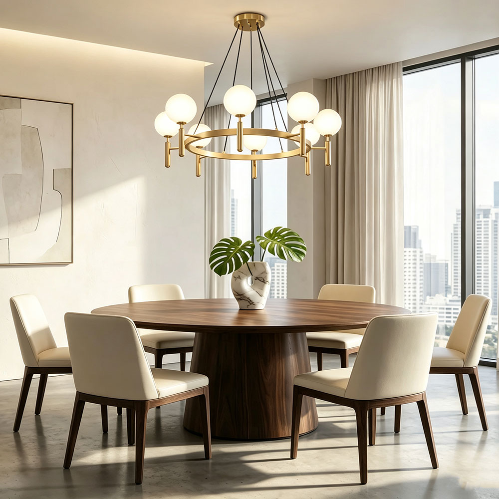 Nordic White Globe Ring Chandelier, gold circular globe pendant light with frosted glass shades, modern hanging chandelier for contemporary dining room interior home lighting.