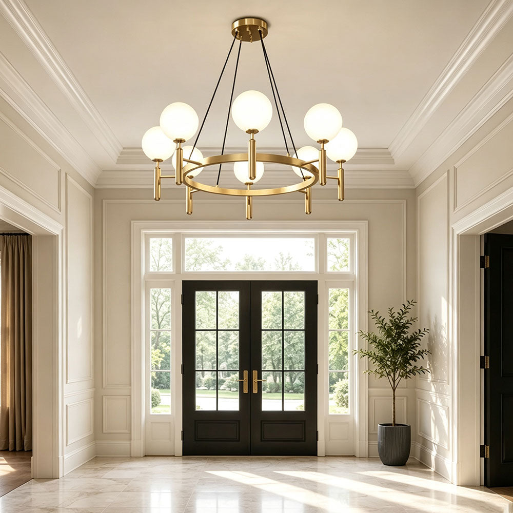 Nordic White Globe Ring Chandelier, gold ring globe pendant light with frosted glass shades, modern hanging light for entryway foyer, farmhouse hallway interior home decor.