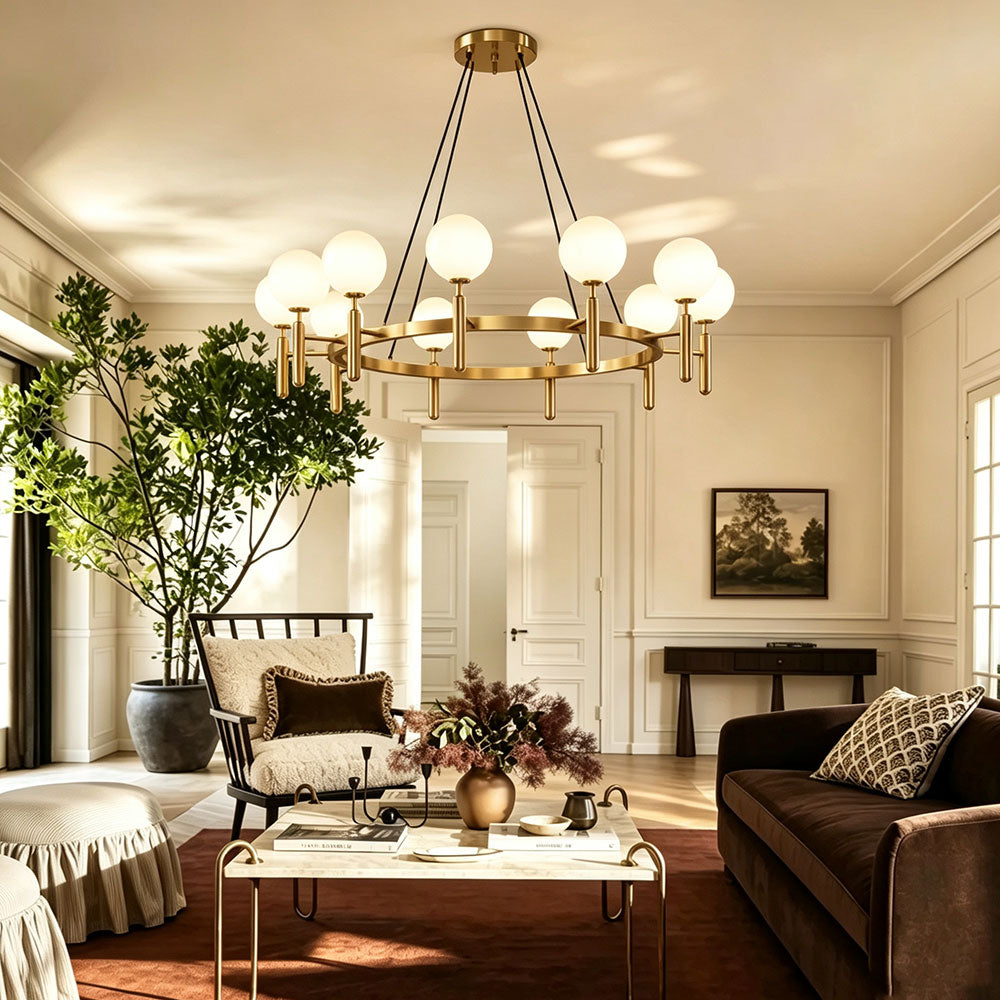 Nordic White Globe Ring Chandelier, modern brass globe sphere pendant light with frosted glass shades, gold circular frame hanging light for living room, dining room, contemporary home interior decor.