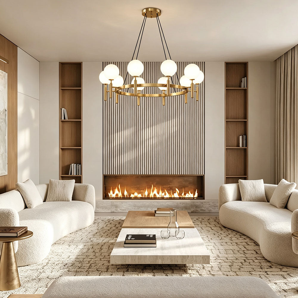 Nordic White Globe Ring Chandelier, gold circular globe pendant light with frosted glass shades, modern ring hanging lamp for contemporary minimalist living room interior decor