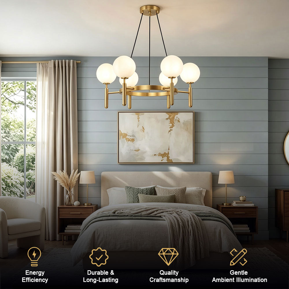 Nordic-White-Globe-Ring-Chandelier, circular frame chandelier with frosted white glass globe shades, modern quiet luxury sphere pendant light, soft ambient ceiling lighting for primary bedroom interior