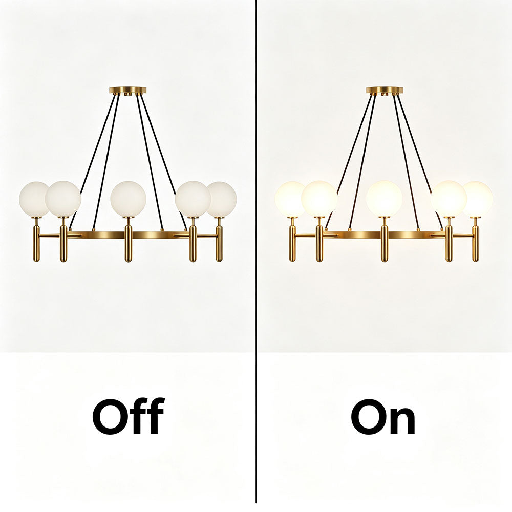 Nordic White Globe Ring Chandelier, 6-light gold ring pendant light, off and on lighting effect display, frosted glass globe shade modern hanging chandelier.