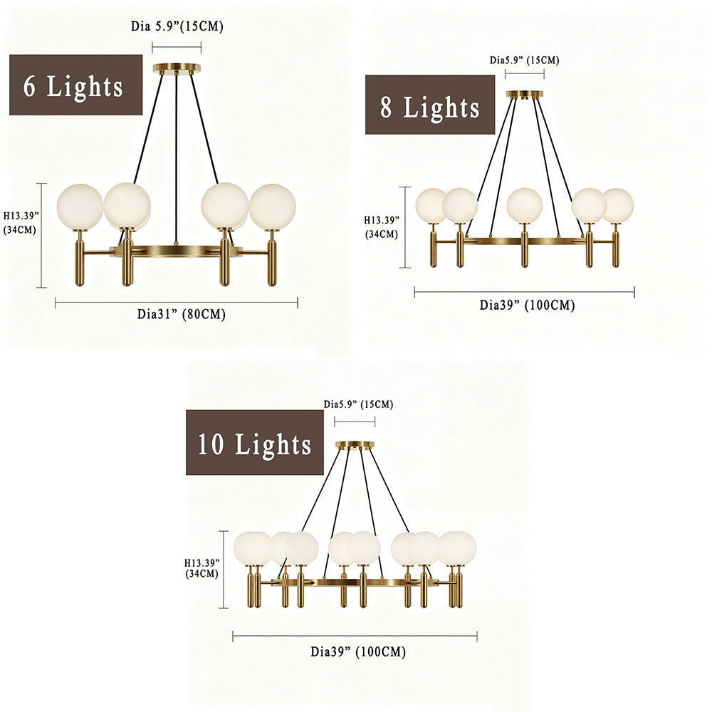 Nordic White Globe Ring Chandelier, 6/8/10 lights options, size dimension chart, gold circular globe pendant light with frosted glass shades, multi-size modern hanging light specification drawing.