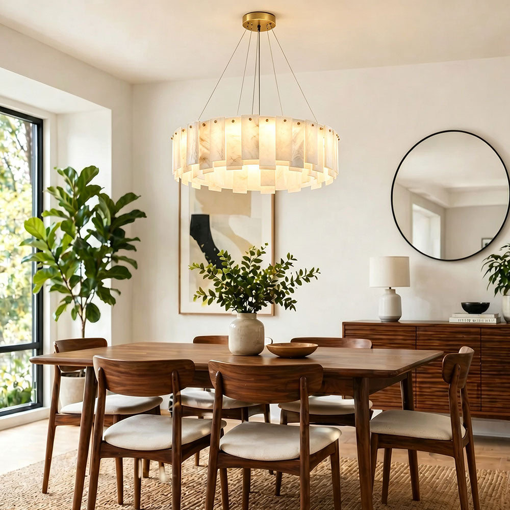 Quiet Luxury Natural Alabaster Round Ring Chandelier, Brass Circular Pendant Light for Modern Dining Room.