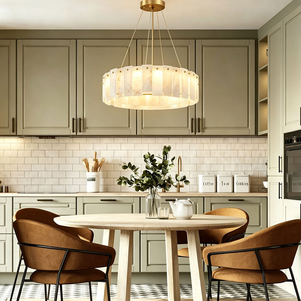 Quiet Luxury Alabaster Round Ring Chandelier, brass pendant light over kitchen island and dining table.