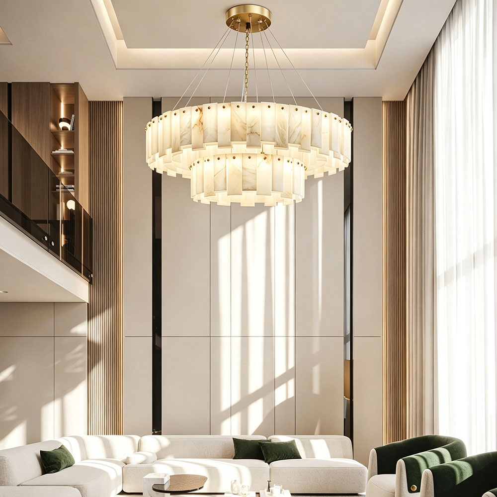 Quiet Luxury Double Layer Alabaster Round Ring Chandelier, Brass Pendant Light for Modern High Ceiling Living Room.