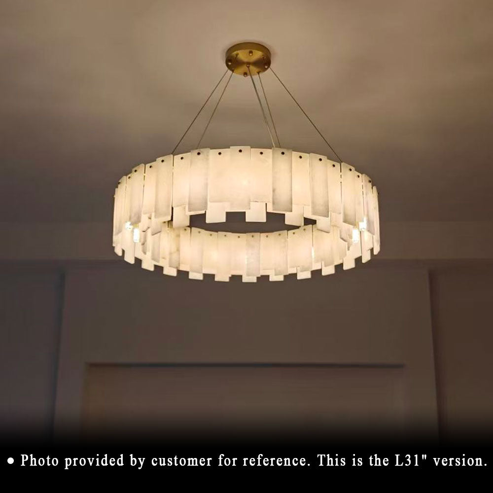 Quiet Luxury Alabaster Round Ring Chandelier 31 Inch Version, Brass Circular Pendant Light Customer Installed Effect.