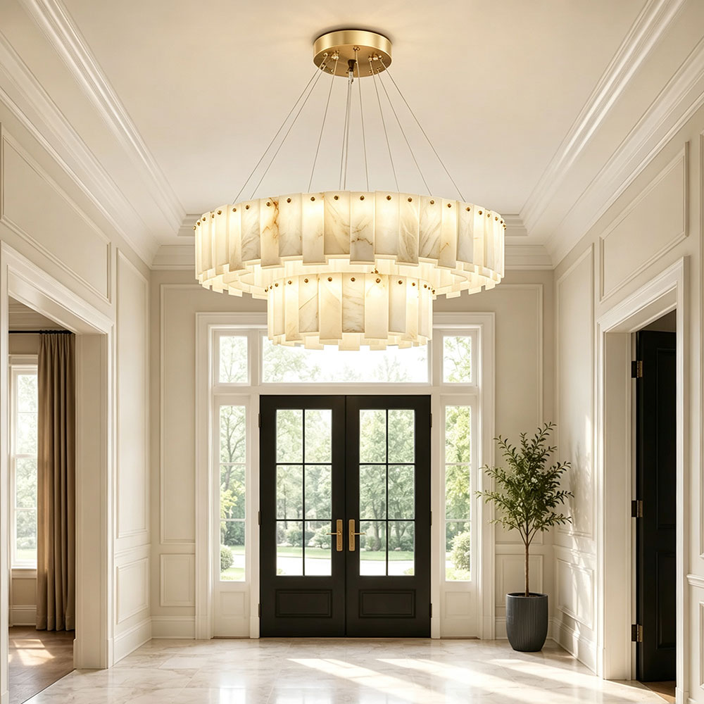 Quiet Luxury Natural Alabaster Round Ring Chandelier, Brass Frame Circular Pendant Light Installed in Bright Entry Foyer Home.
