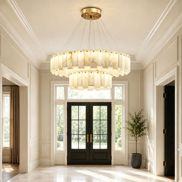 Quiet Luxury Natural Alabaster Round Ring Chandelier, Brass Frame Circular Pendant Light Installed in Bright Entry Foyer Home.