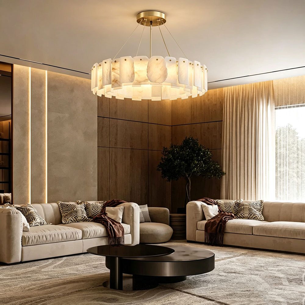 Quiet Luxury Alabaster Round Ring Chandelier, brass pendant light for modern luxury living room with wood panel wall.