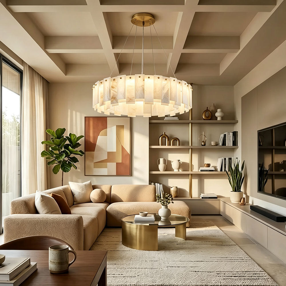 Quiet Luxury Alabaster Round Ring Chandelier, brass circular pendant light for modern coffered ceiling living room.