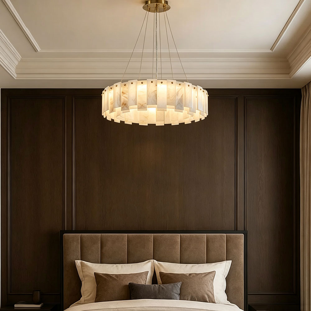 Quiet Luxury Alabaster Round Ring Chandelier, Brass Circular Pendant Light for Modern Primary Bedroom.