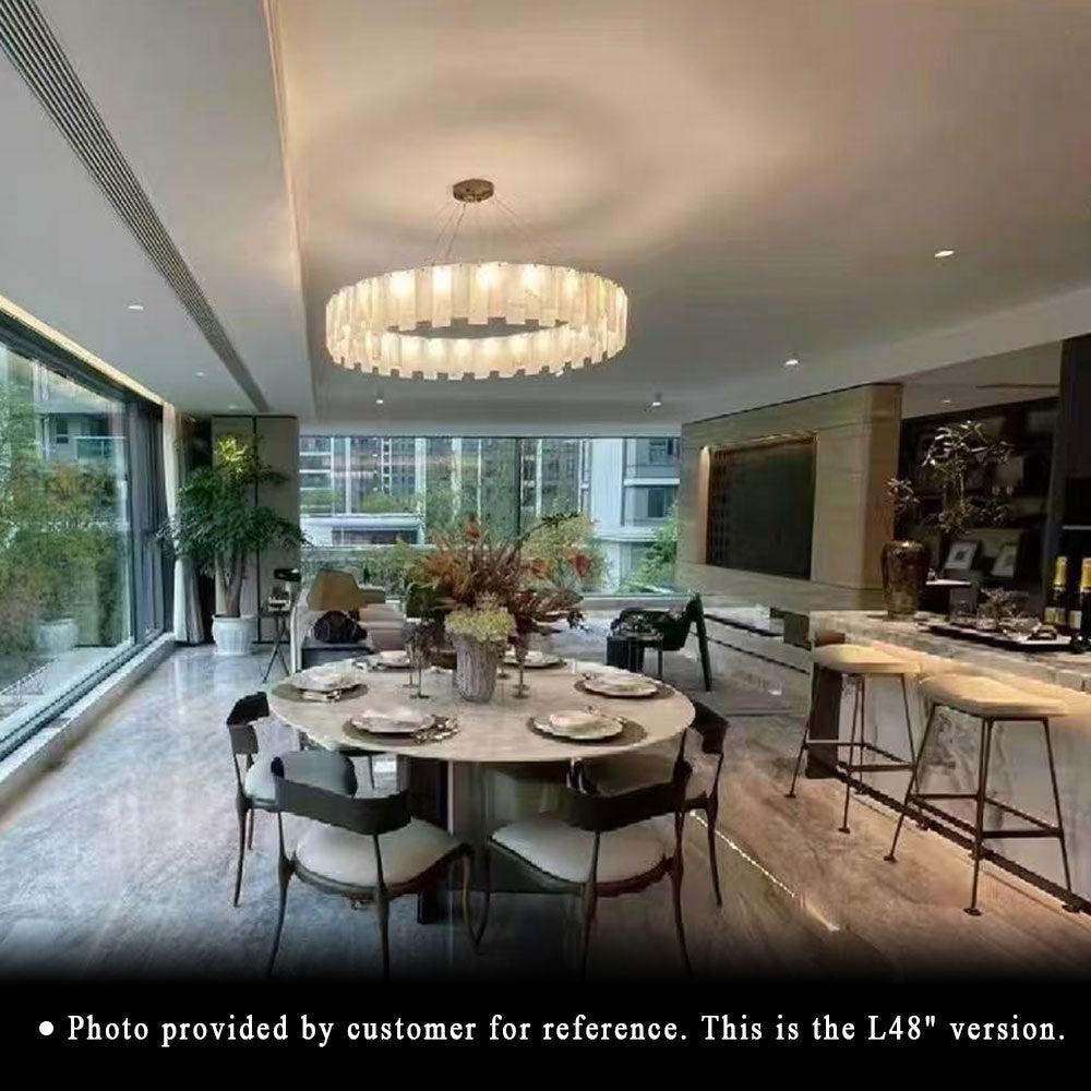 Quiet Luxury Alabaster Round Ring Chandelier 39 Inch Version, Brass Pendant Light Installed in Modern Open Dining Living Area.