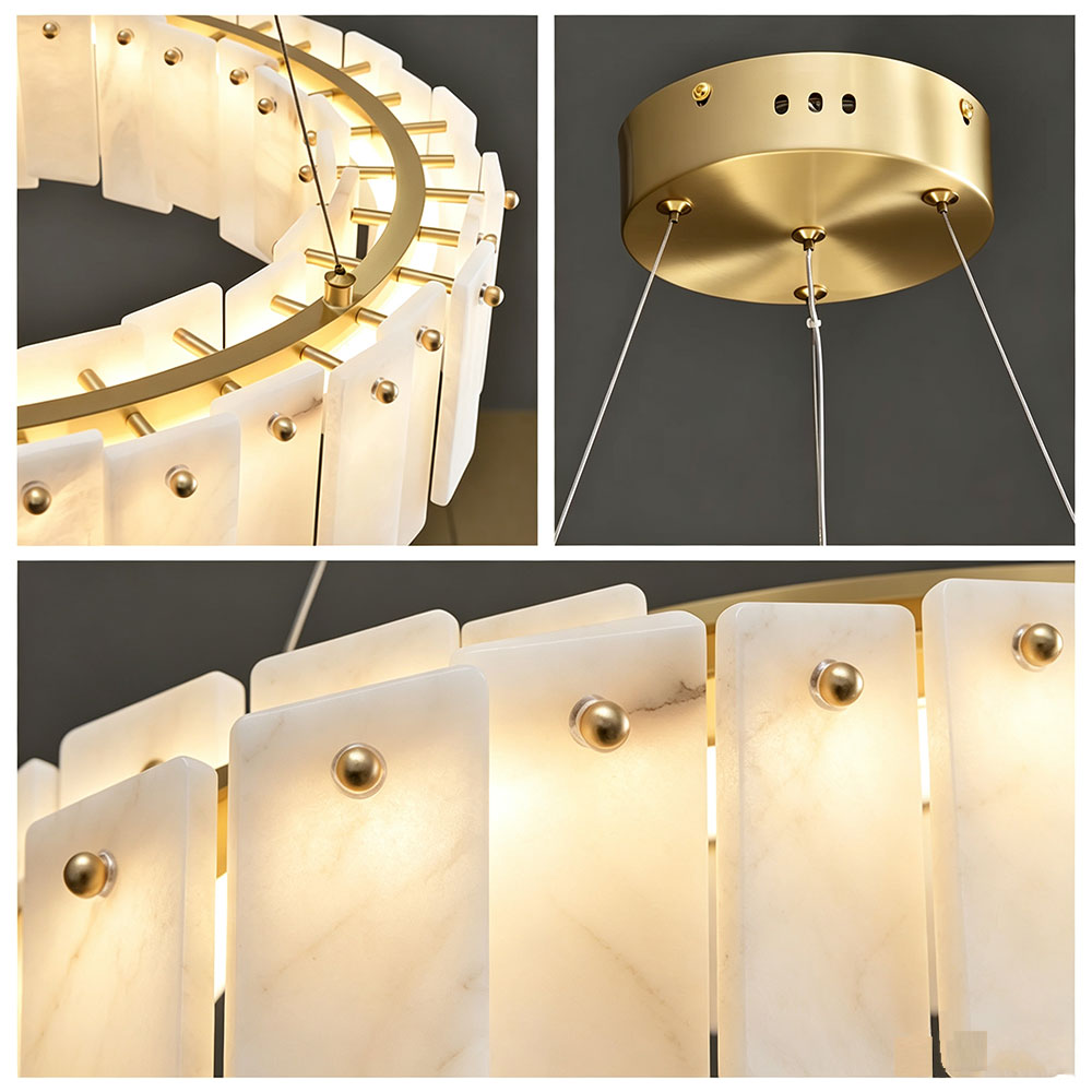 Quiet Luxury Alabaster Round Ring Chandelier Close-up Shot, Natural Alabaster Panels and Polished Brass Hardware Details.