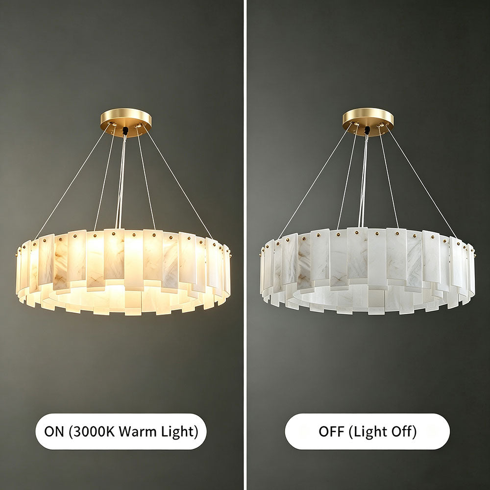 Quiet Luxury Alabaster Round Ring Chandelier ON OFF Display, 3000K warm light brass circular pendant light.