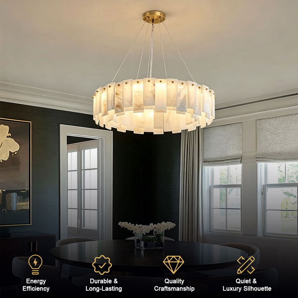Quiet-luxury-circular-alabaster-chandelier, layered alabaster slab circular chandelier with gold hardware, modern quiet luxury pendant lighting for dark tone dining room, residential interior decorative ceiling fixture.