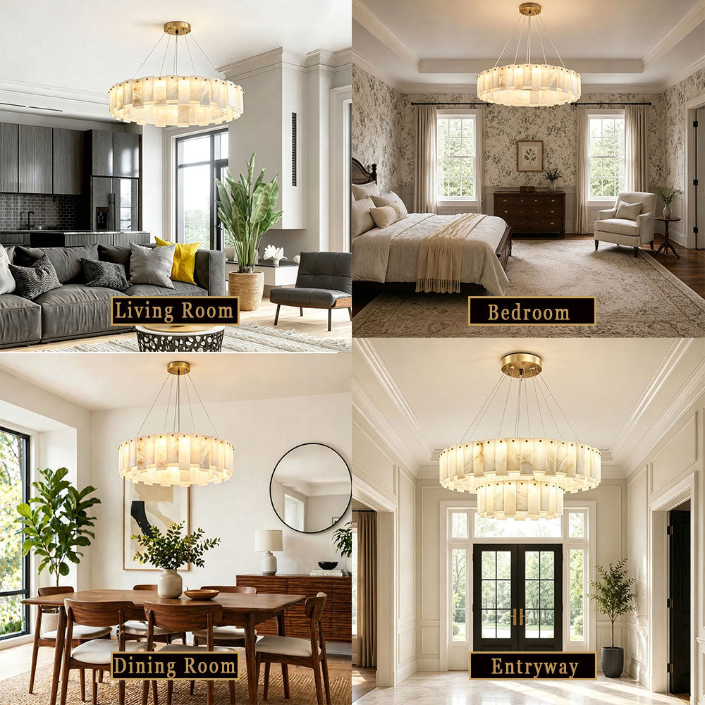 Quiet Luxury Alabaster Round Ring Chandelier, multi-scene display for living room bedroom dining room foyer
