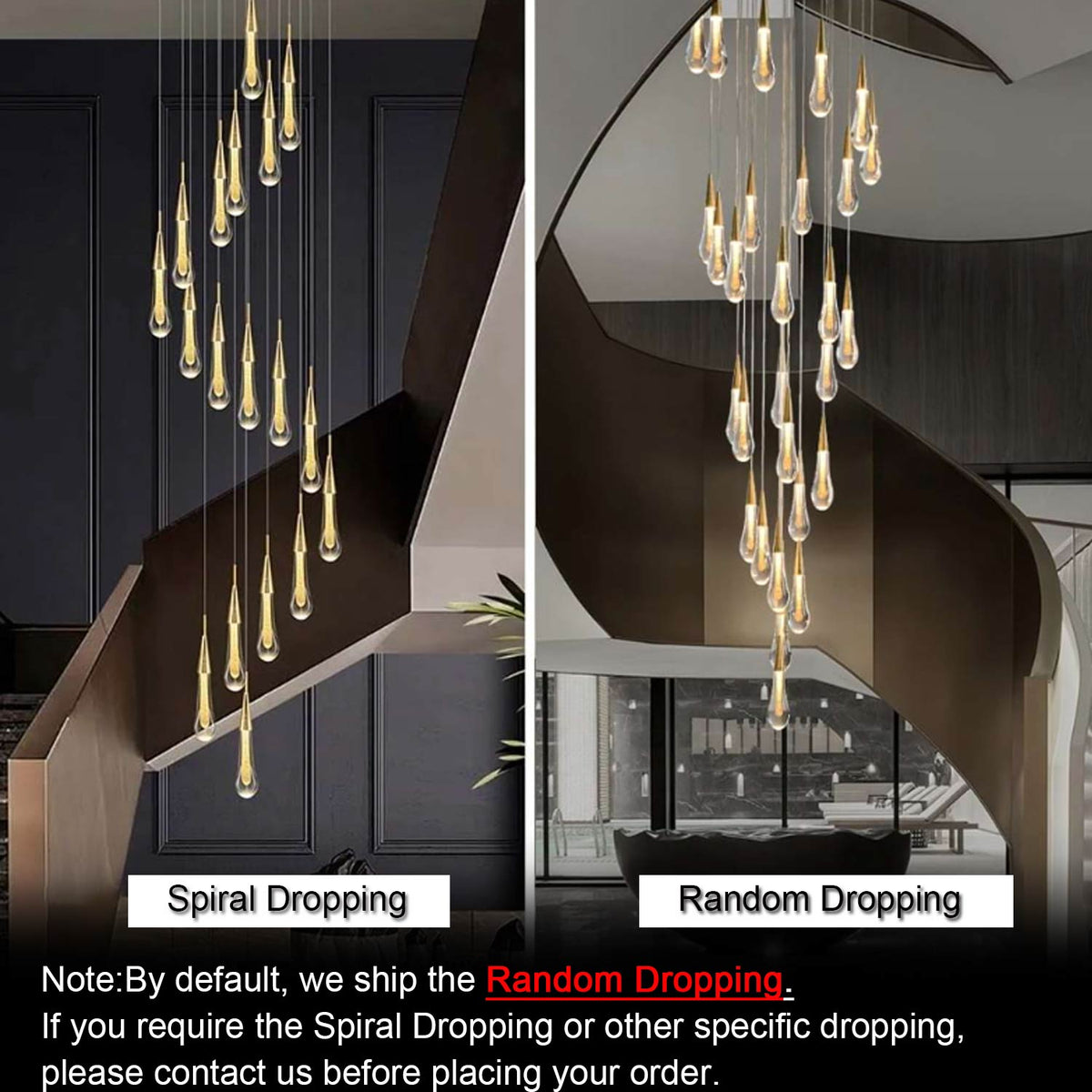 Raindrop staircase pendant lights shown on and off in a dark interior