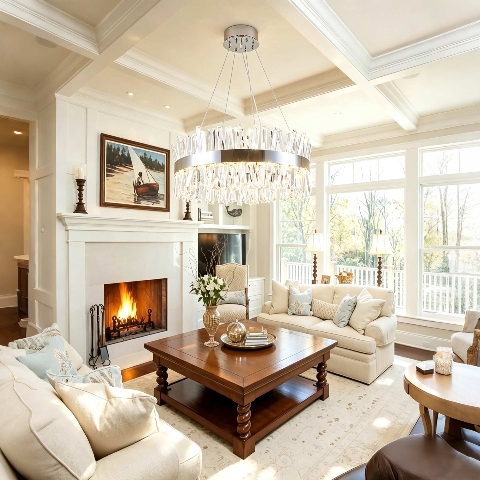Round crystal chandelier for foyer and living room lighting
