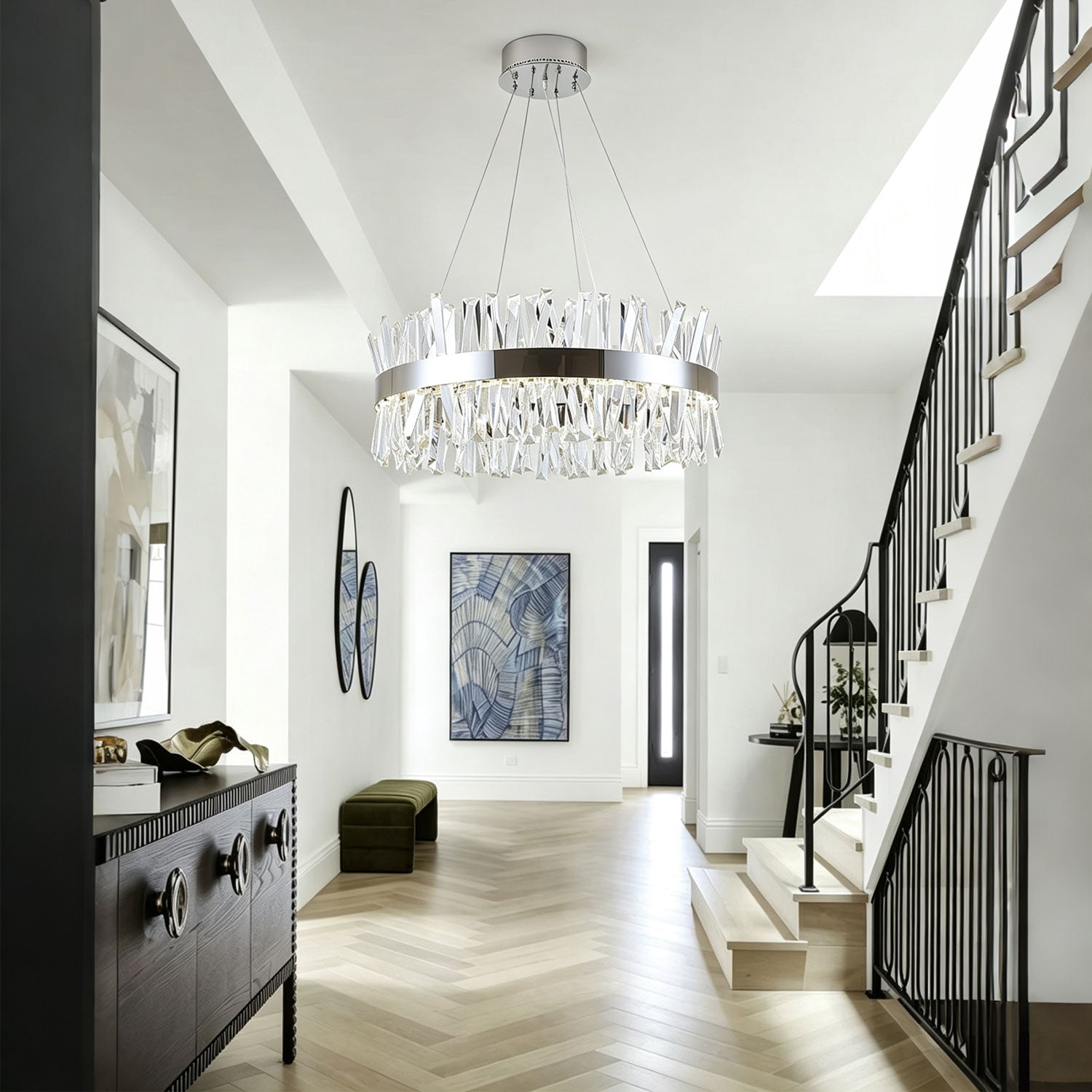 Round crystal chandelier entryway
