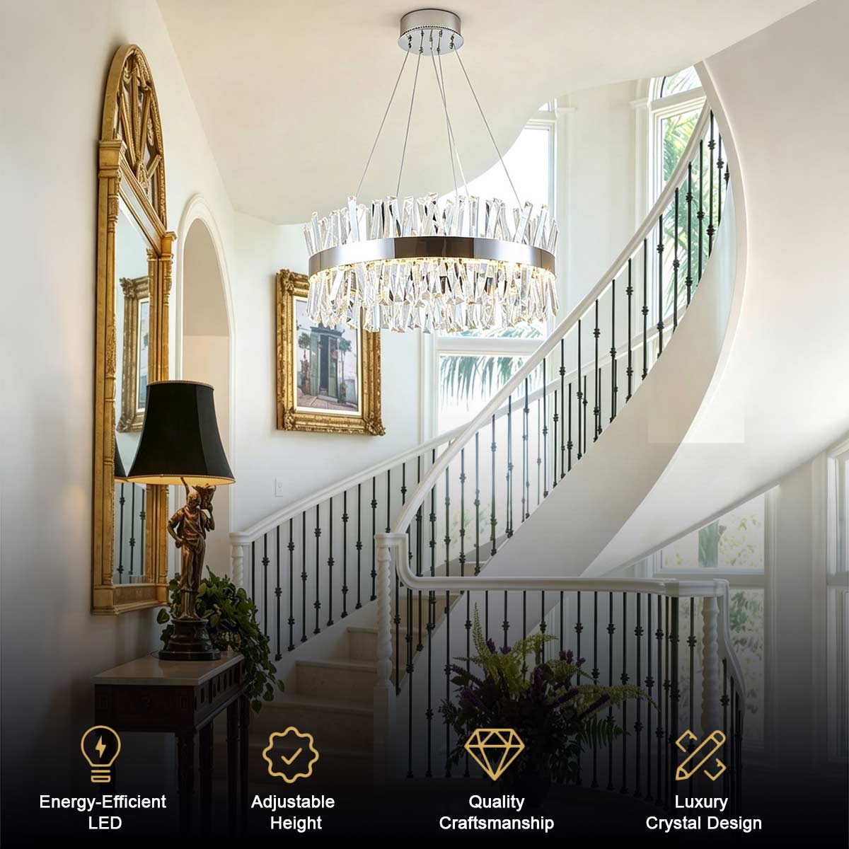 Round crystal chandelier for foyer and entryway lighting