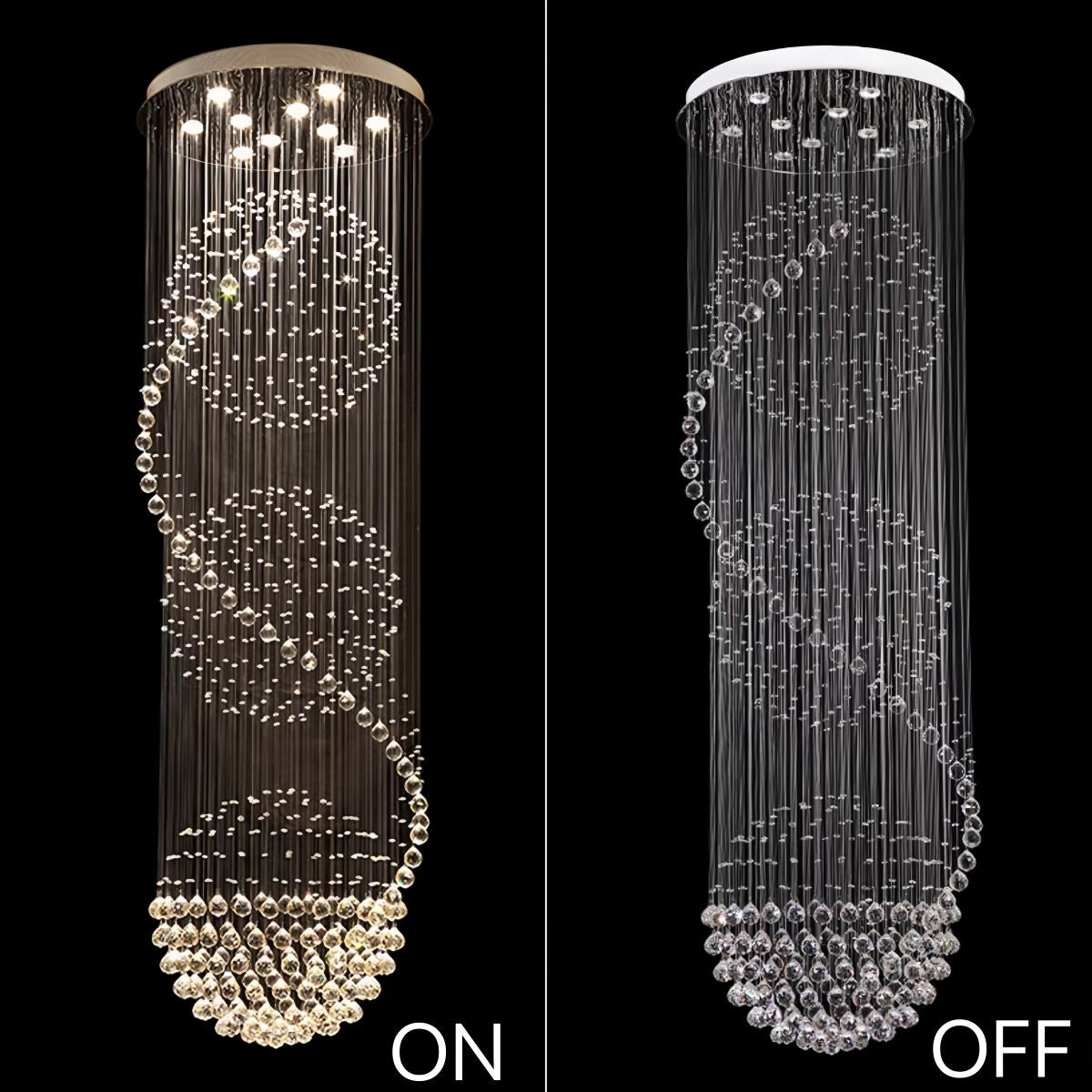 Luxury crystal chandelier side profile showing thickened stainless steel base and ceiling mount