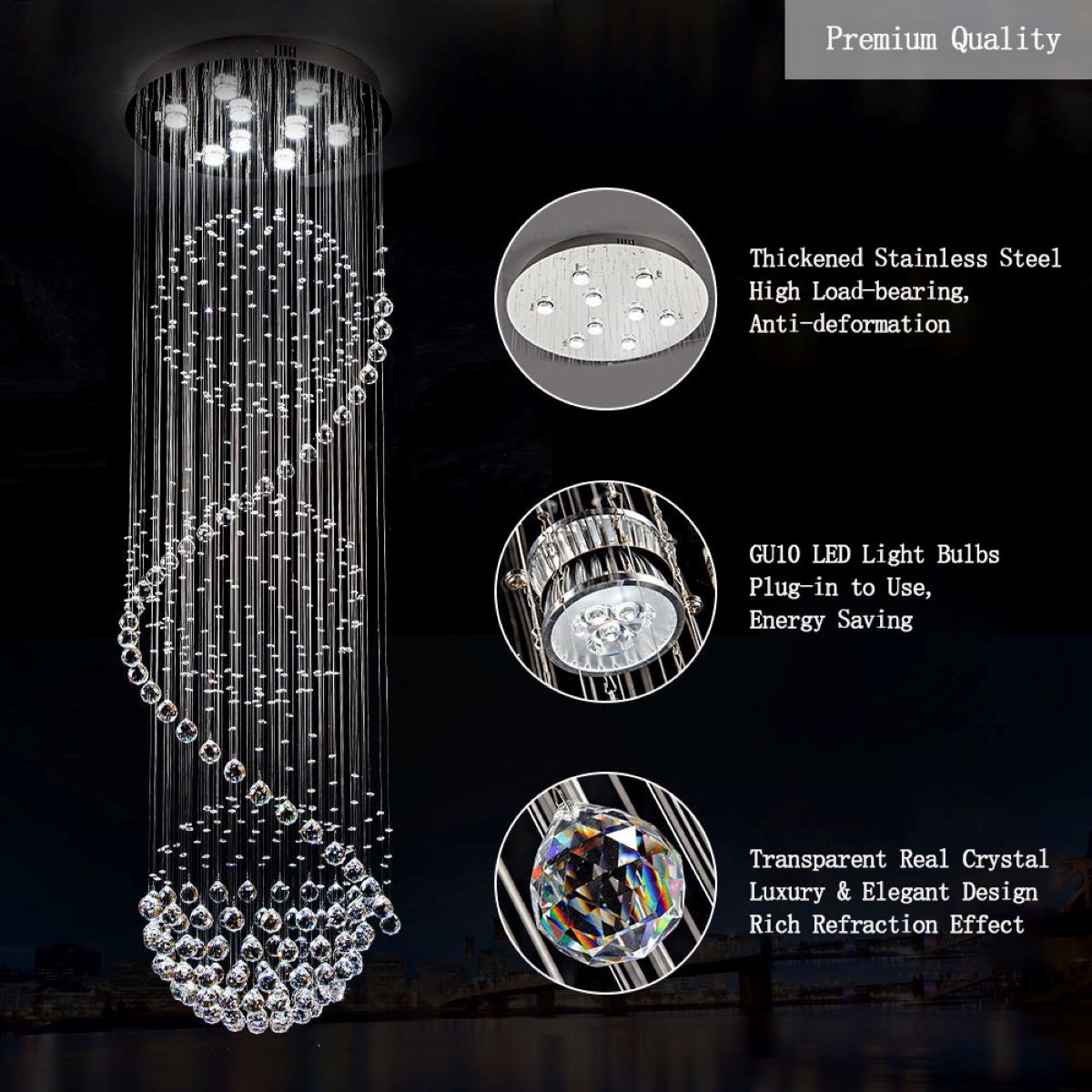 Luxury spiral crystal chandelier close-up showing precision-cut K9 crystal strands