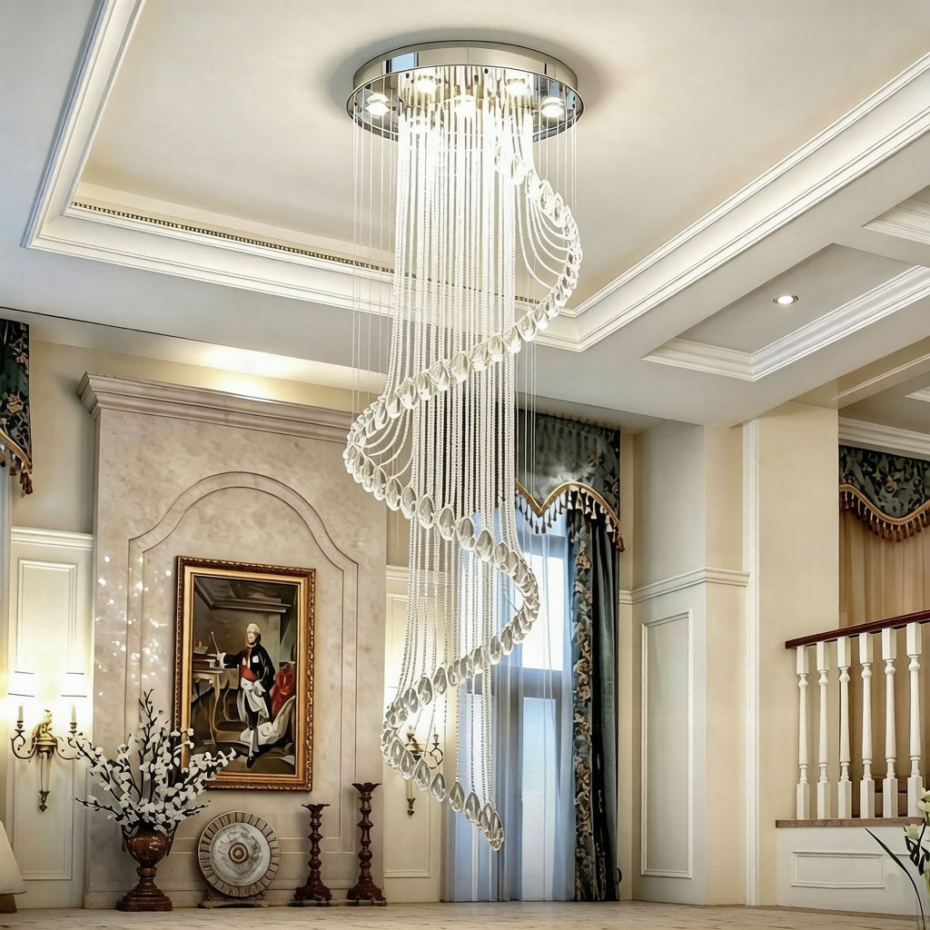 Luxury spiral crystal chandelier with precision-cut crystals cascading in a grand foyer