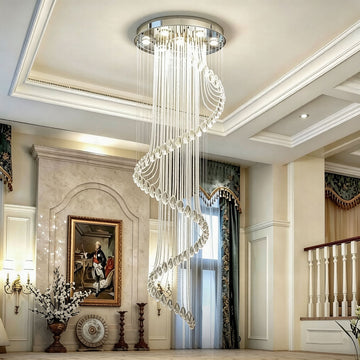 Luxury spiral crystal chandelier with precision-cut crystals cascading in a grand foyer