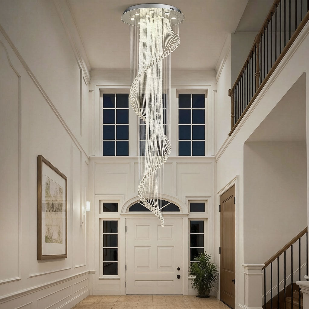 Custom spiral crystal chandelier for staircase with gold accents and teardrop crystals