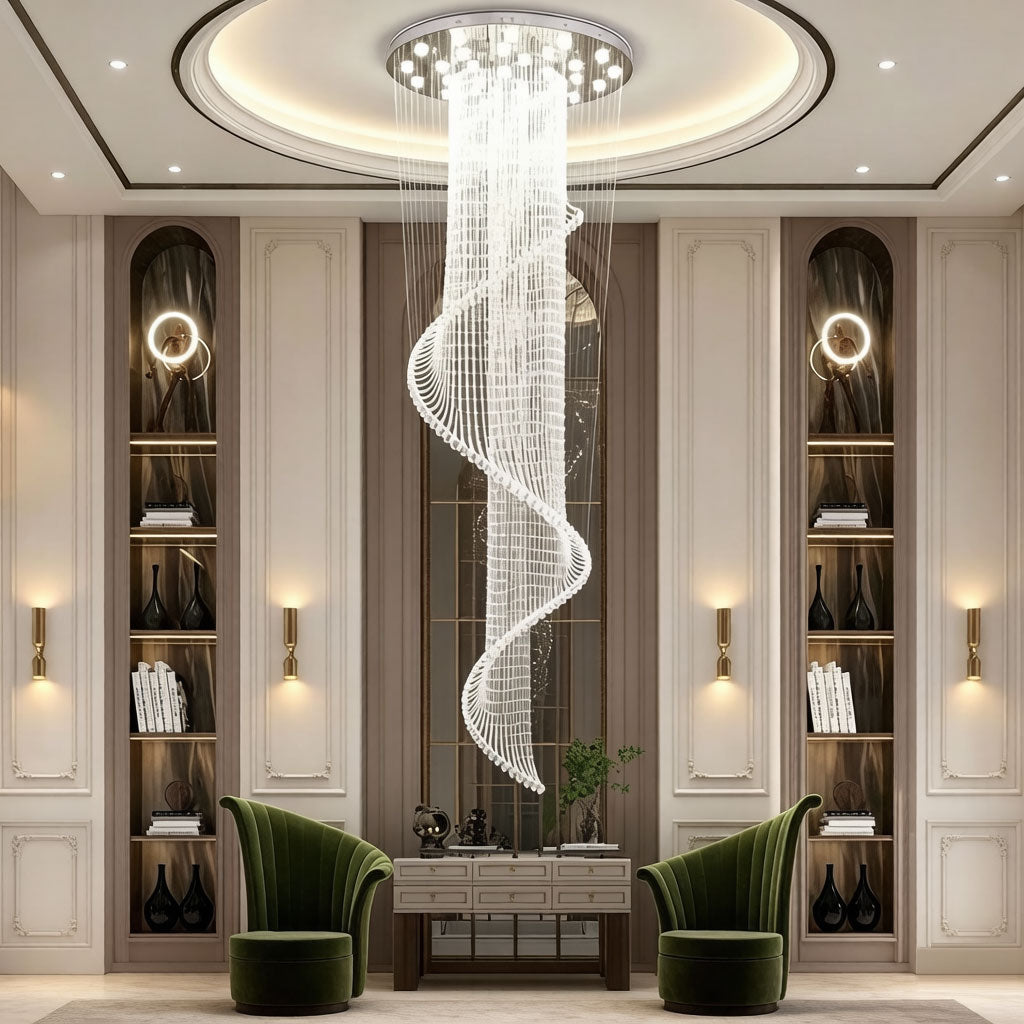 Spiral crystal chandelier with warm white LED glow in a contemporary living room