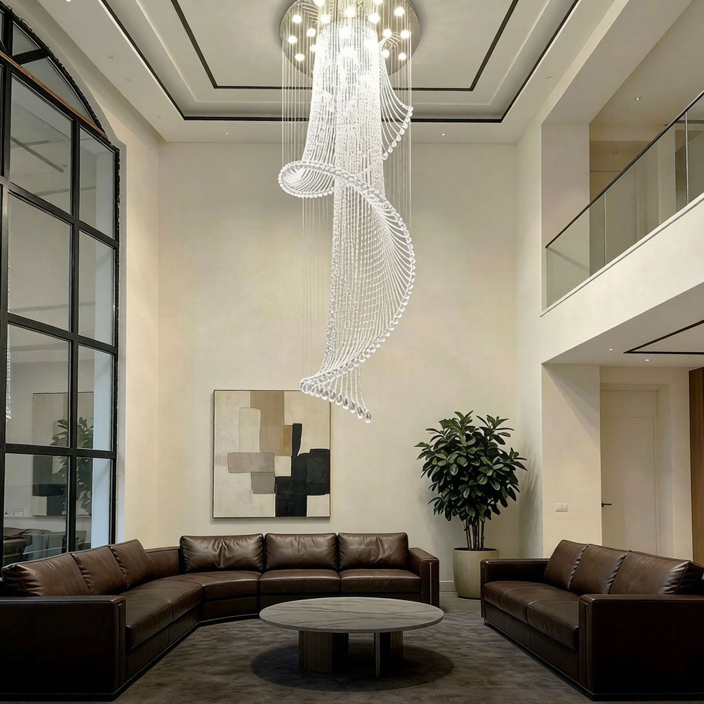 Luxury spiral chandelier viewed from below showing full crystal spiral arrangement