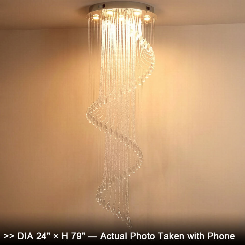 Spiral crystal chandelier side profile showing adjustable height and reinforced ceiling mount