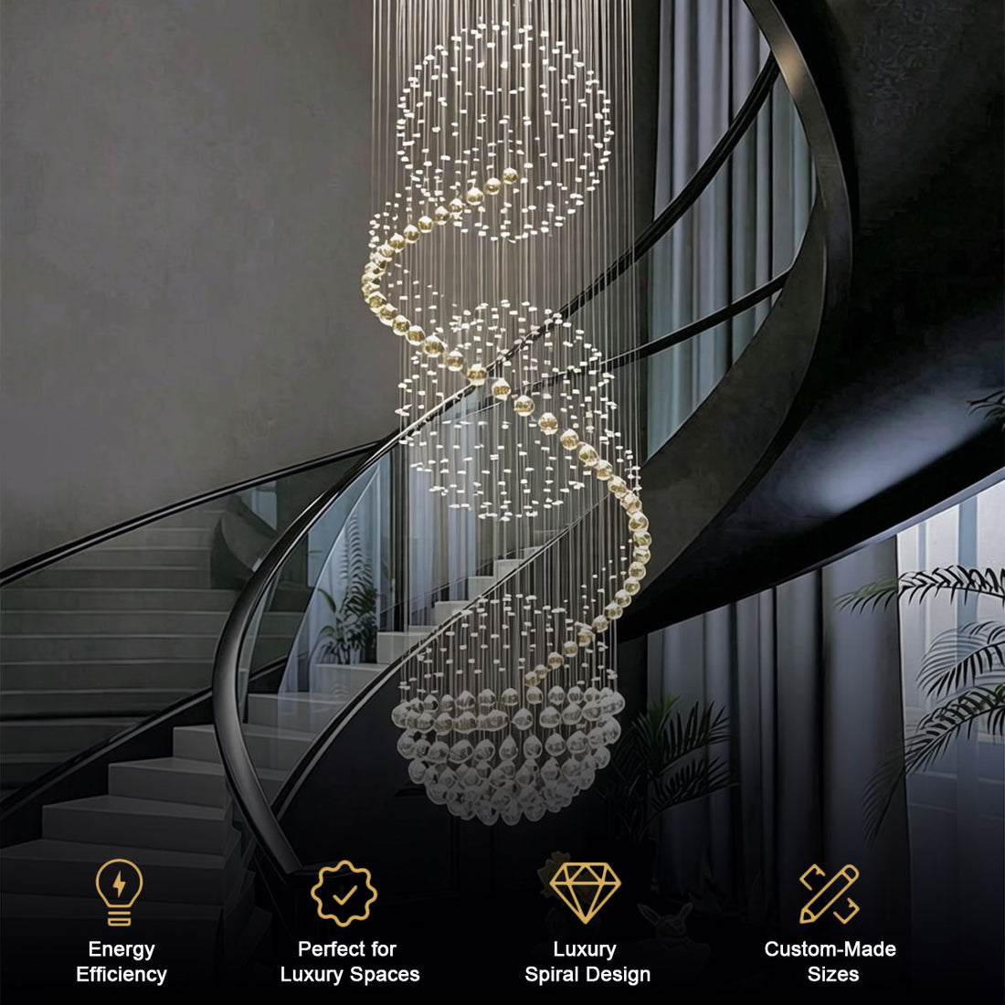 Luxury crystal spiral chandelier with K9 crystals in a grand double-height foyer