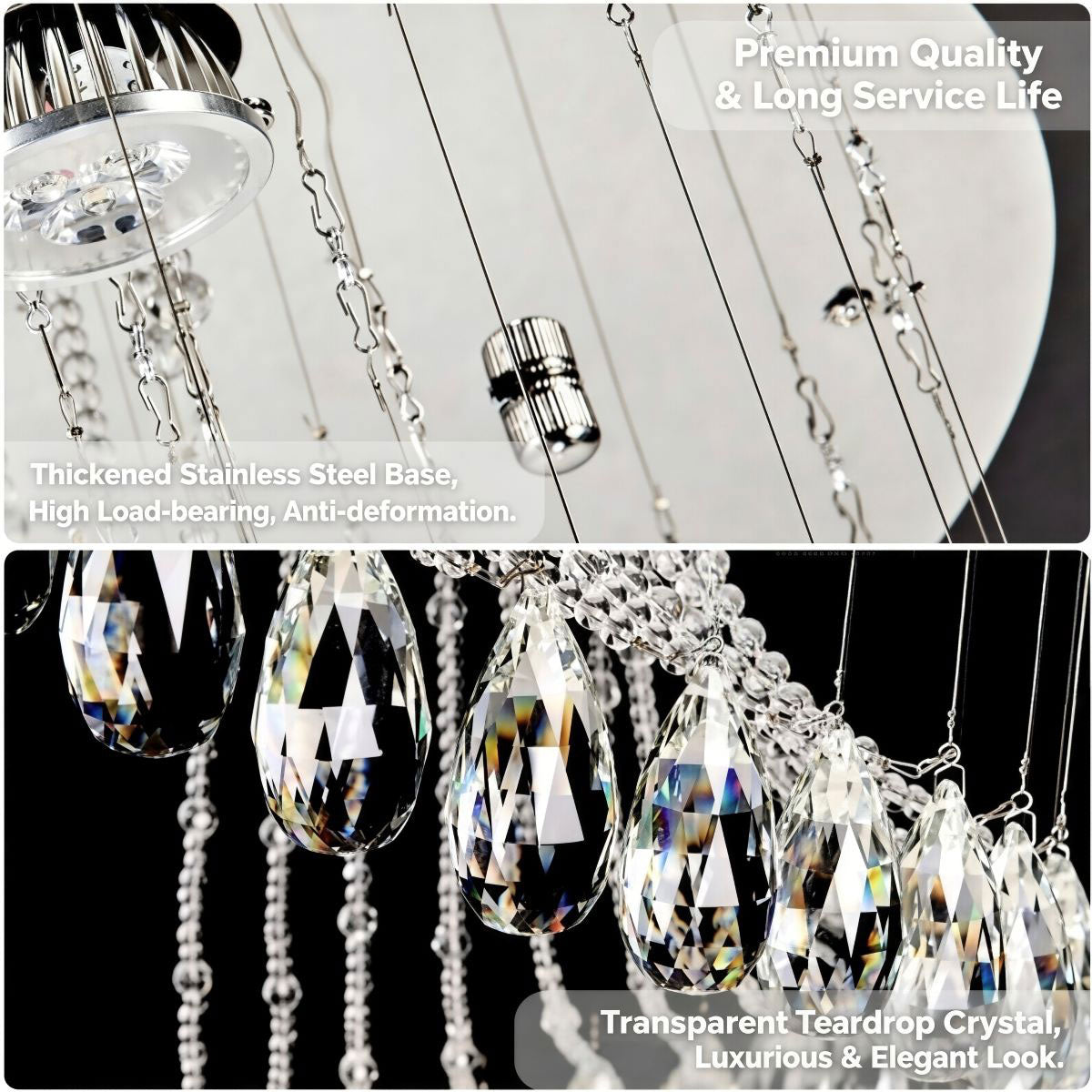 Luxury spiral chandelier close-up showing crystal strand detail and stainless steel base