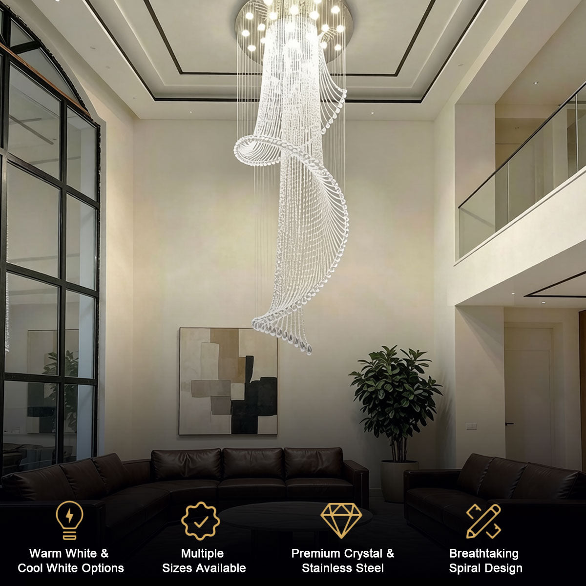 Spiral crystal chandelier full-length view in a double-height staircase setting