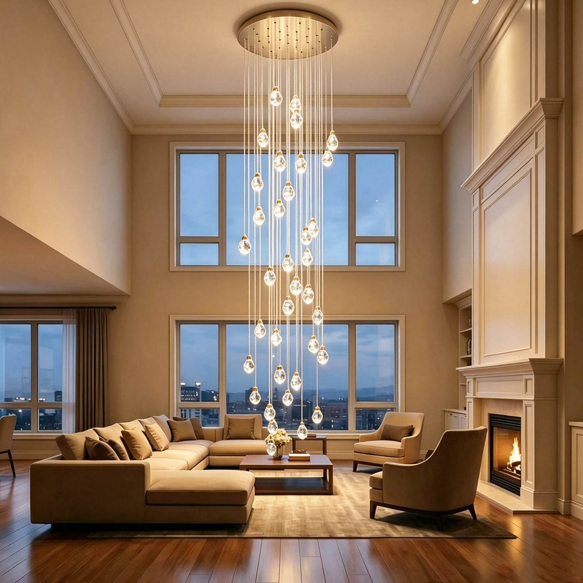 Contemporary staircase pendant light glowing in a warm interior