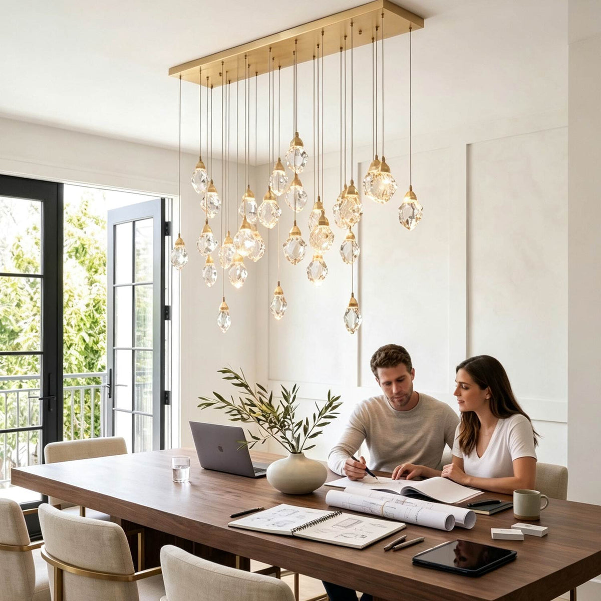 Modern staircase pendant light installed in a luxury foyer