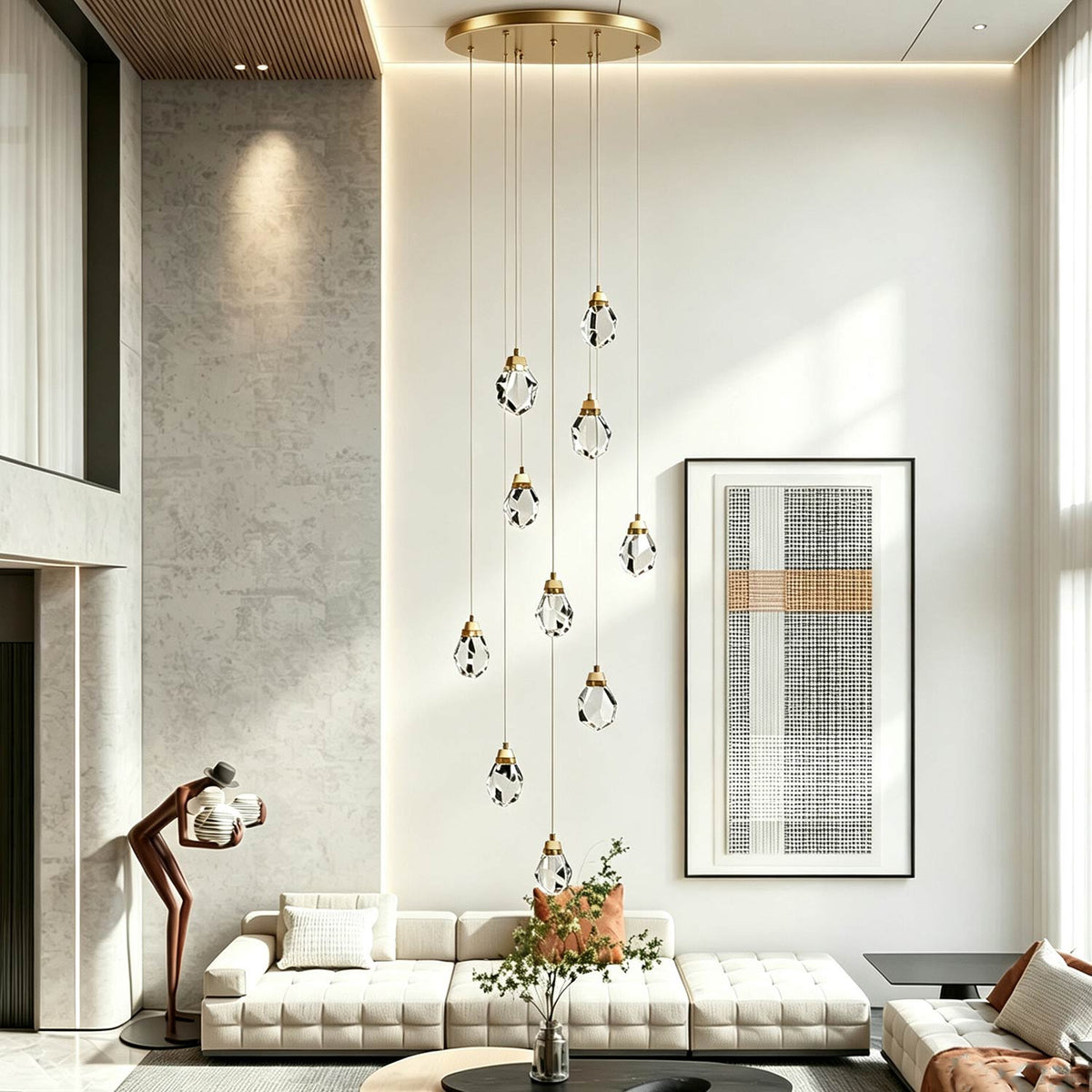 Long staircase pendant light installed in a bright modern Living Room