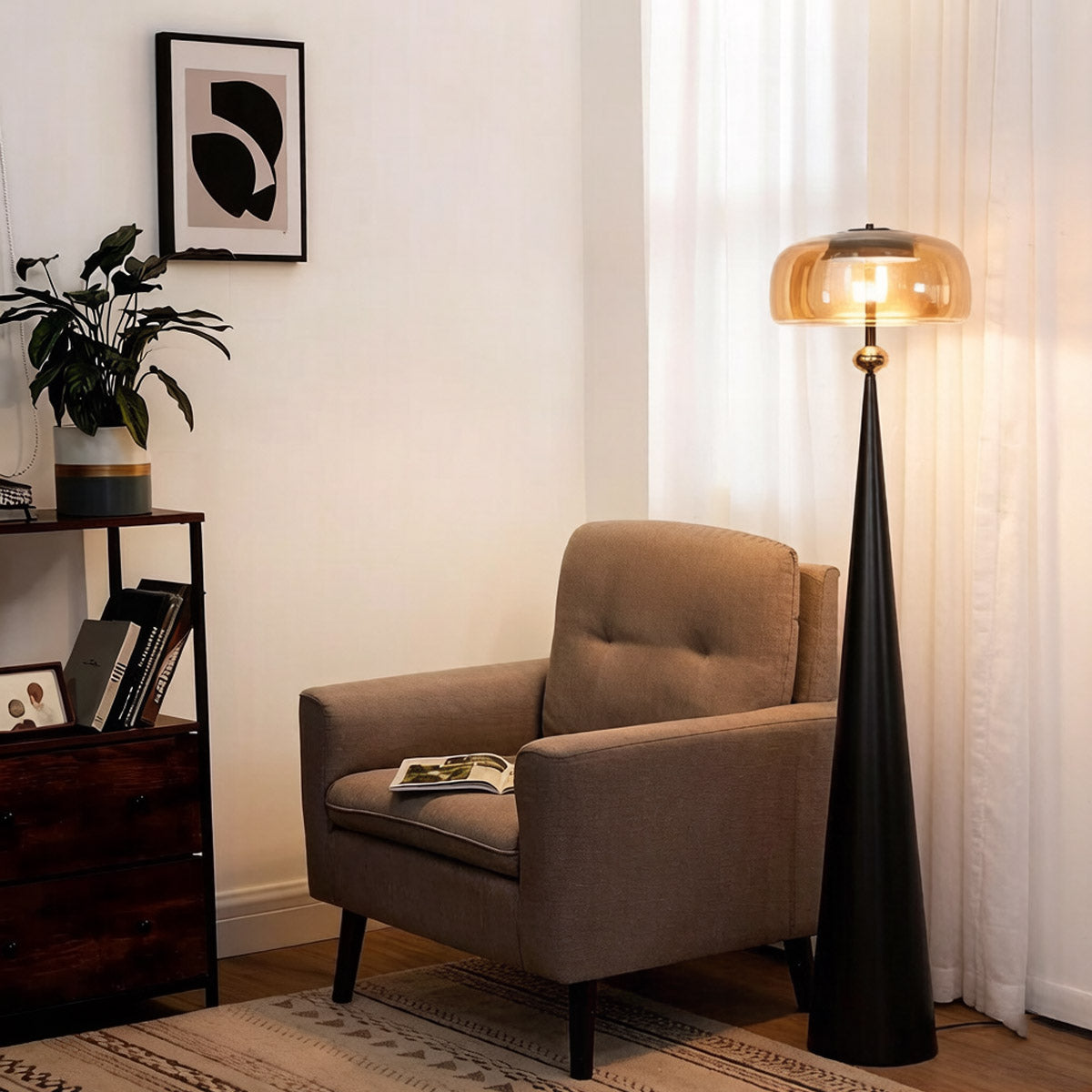 Tapered Cone Glass Dome Floor Lamp - Warm White 3000K Glow

